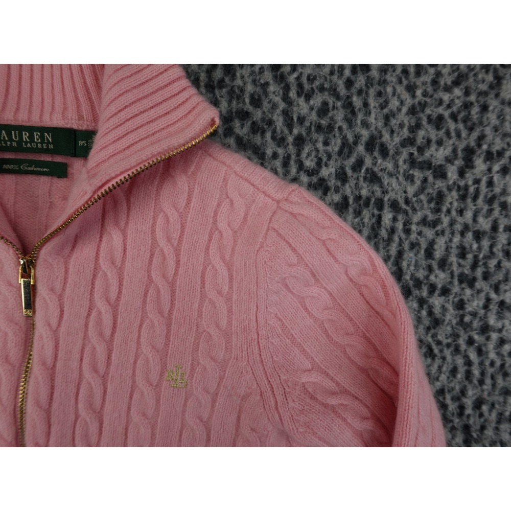 Lauren Ralph Full Zip Sweater Womens Petite Small Pink Cashmere Cable Knit - Picture 3 of 13